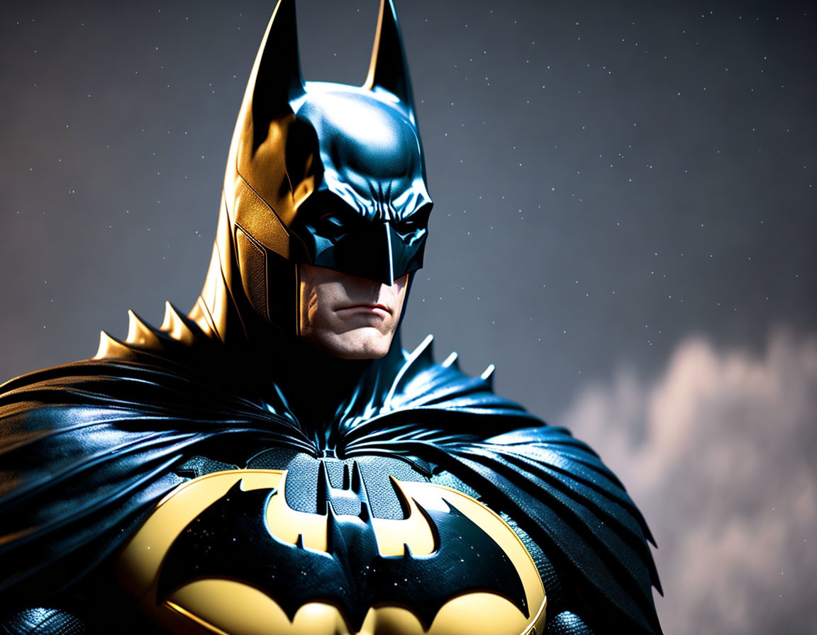 Detailed Batman costume close-up under starry night sky