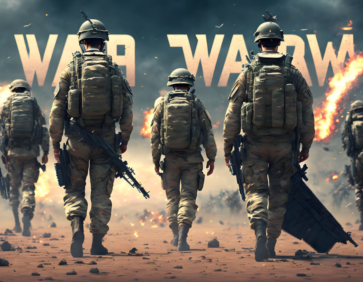 Military soldiers walking towards battlefield with explosions and "WAR" backdrop.