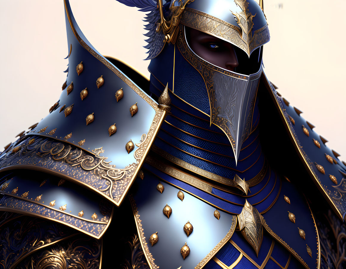 Detailed Illustration of Person in Ornate Blue and Gold Medieval Armor