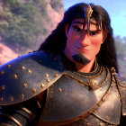 Animated knight with long hair and star-embellished armor in forest setting