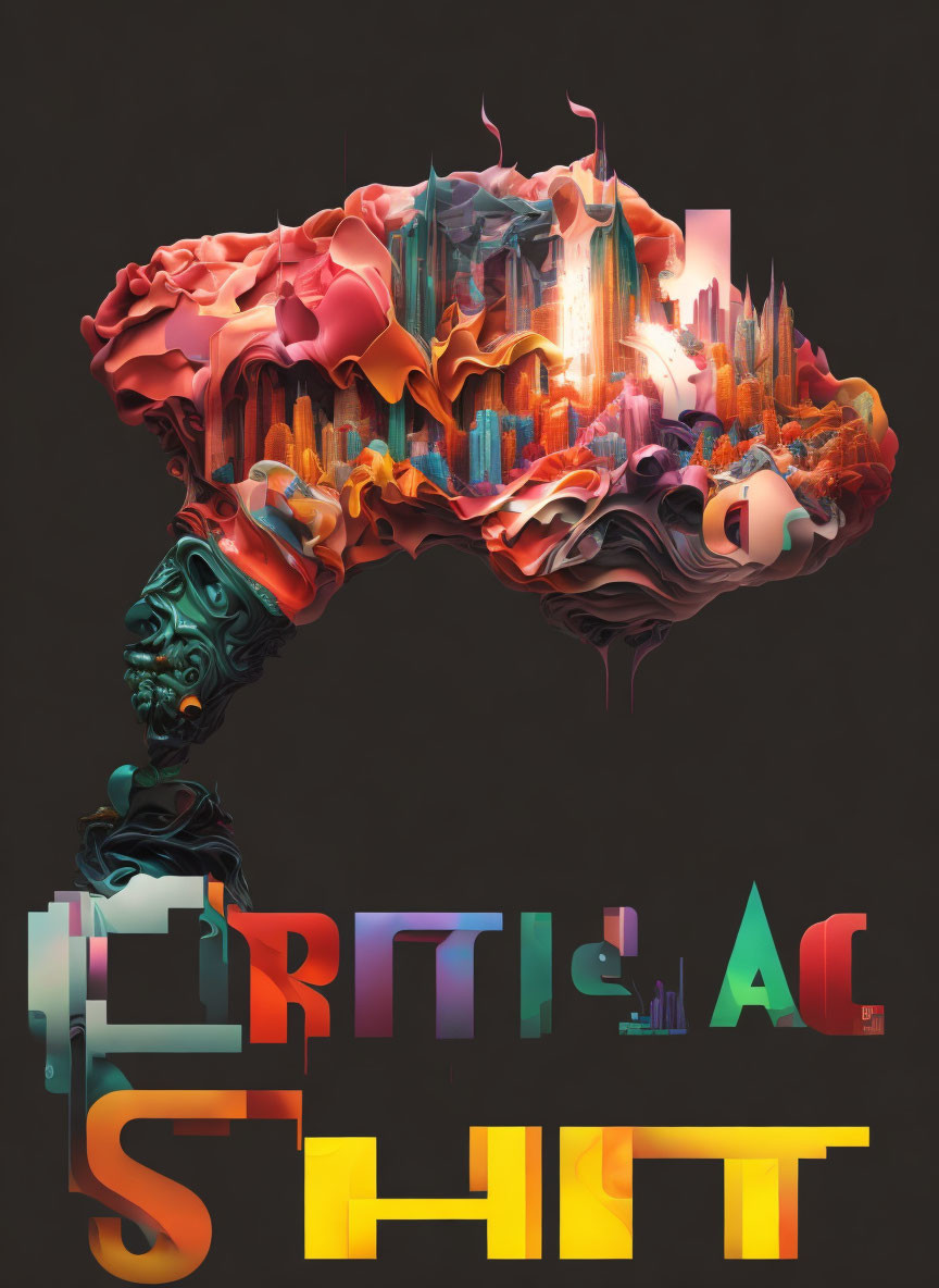 Colorful sculpture blending cityscape, human features, and text in vibrant hues.