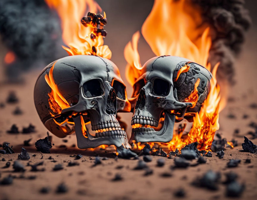 Human skull replicas near flames and rising smoke on charred ground