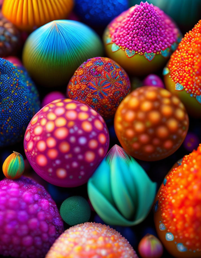 Colorful patterned spheres with various textures and colors in close-up view.