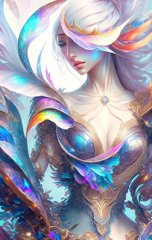 Ethereal woman in ornate featherlike armor with luminescent colors