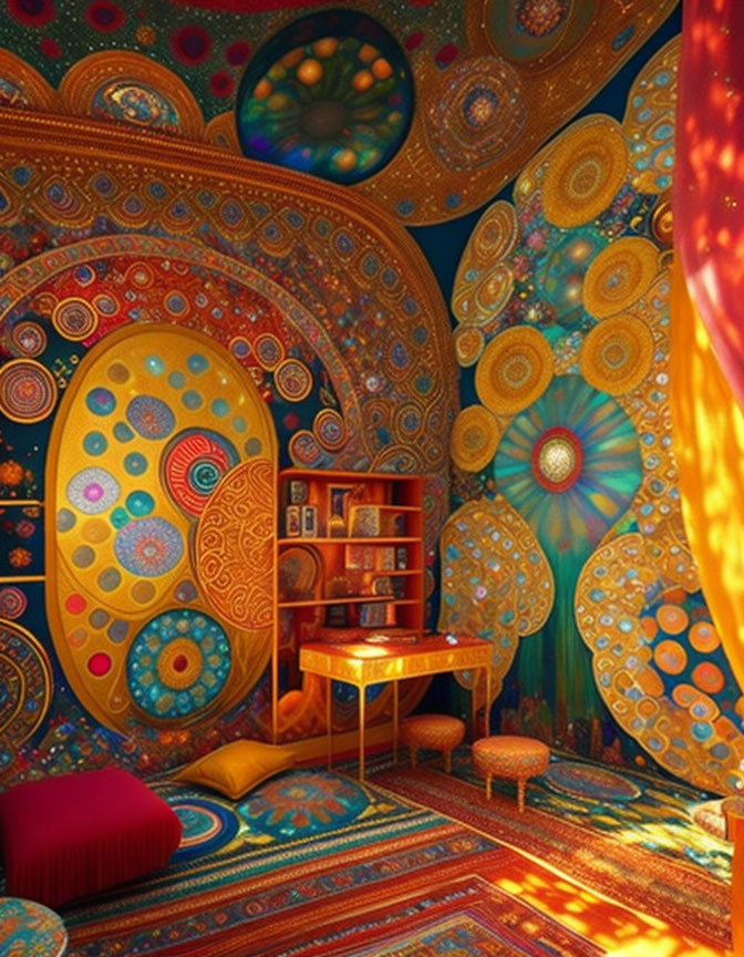 Colorful ornate patterns in vibrant room with decorative door & plush cushions