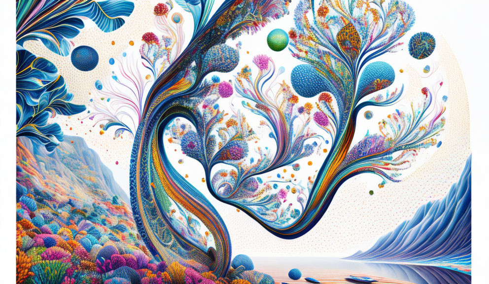 Colorful Psychedelic Illustration with Whimsical Trees & Swirling Patterns