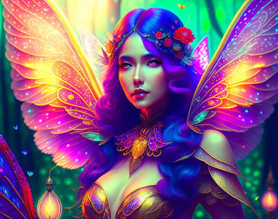 Colorful fairy illustration in mystical forest with purple hair and multicolored wings