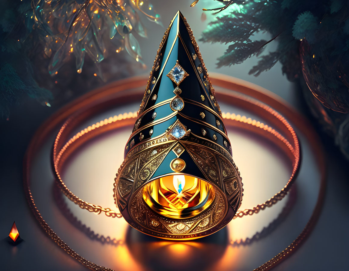 Golden cone with jewel emits light in magical forest scene