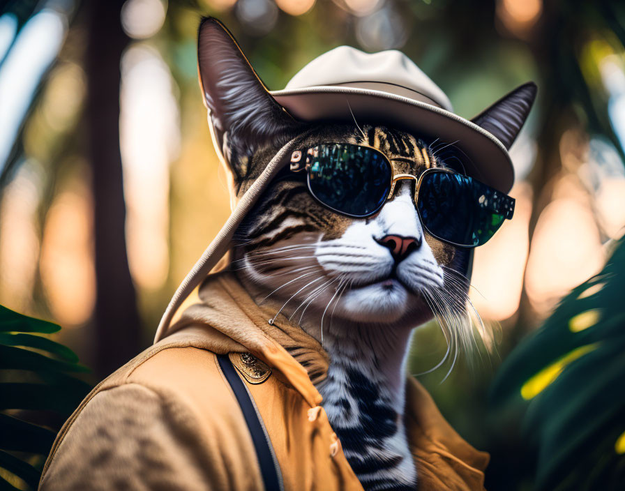 Stylish Cat in Fedora and Sunglasses with Beige Jacket on Blurred Foliage Background