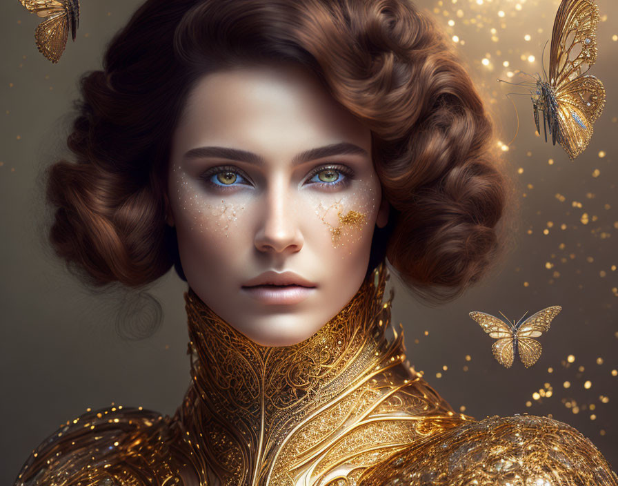 Stylized woman with blue eyes, gold makeup, butterflies, and ornate shoulder piece