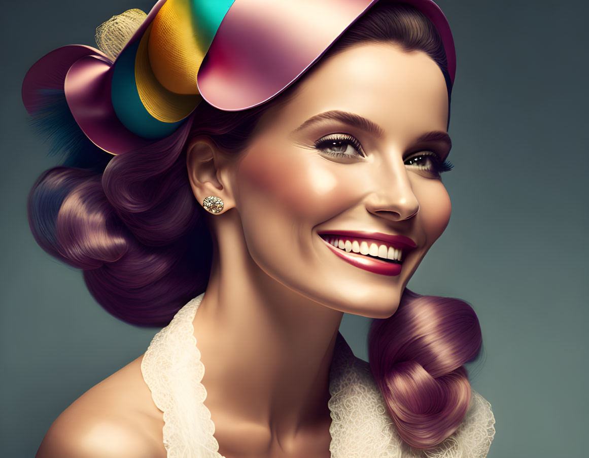 Colorful Hat Woman Smiling on Teal Background