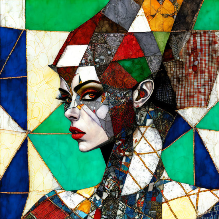 Colorful geometric mosaic of a woman's face with bold makeup.