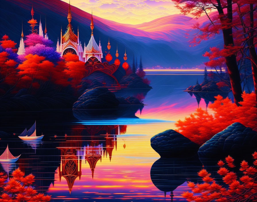 Fantasy landscape with castle, colorful trees, tranquil lake, purple sky