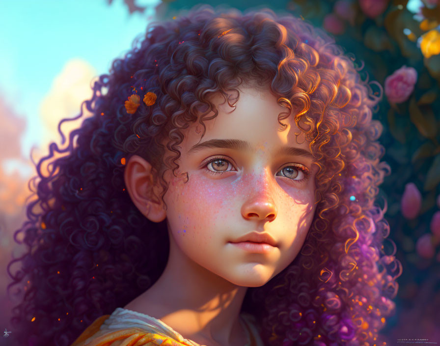 Young girl with curly hair and freckles in warm, floral setting