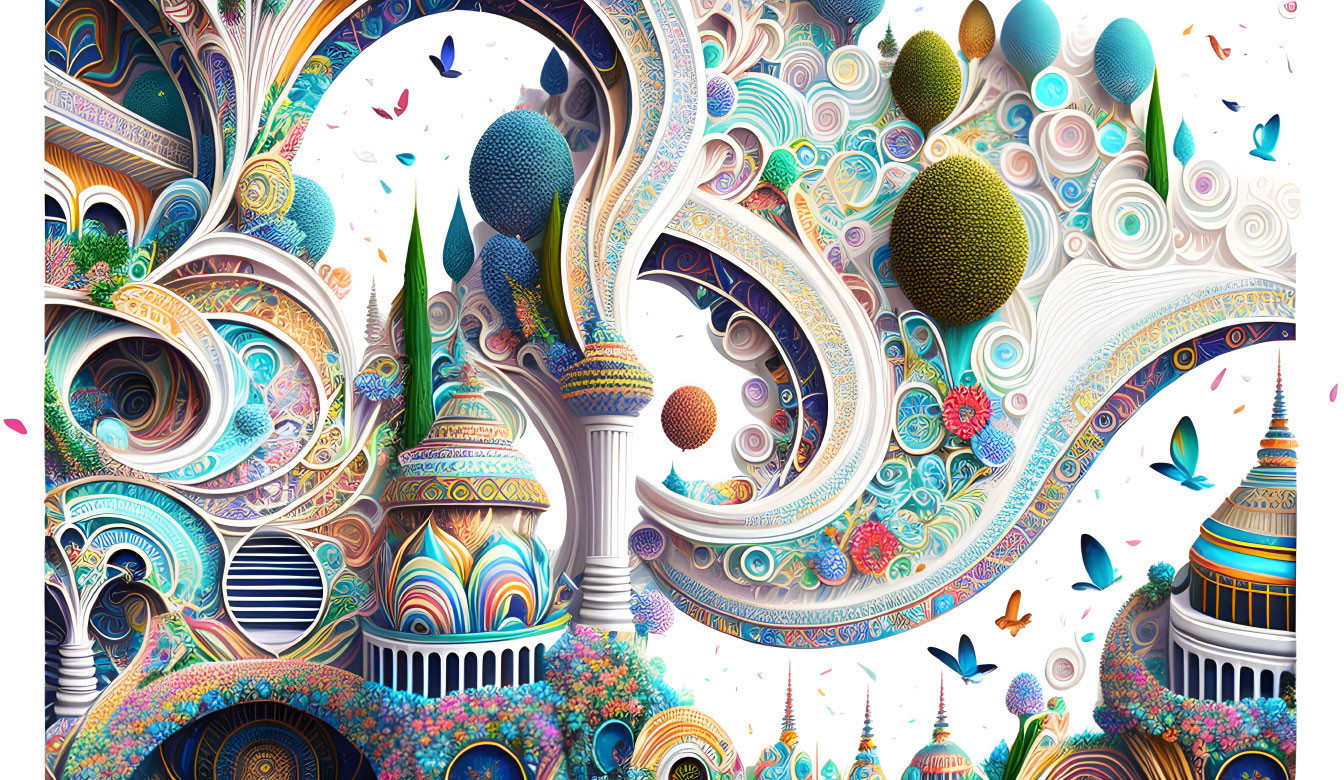 Colorful Abstract Artwork with Swirling Patterns and Whimsical Elements