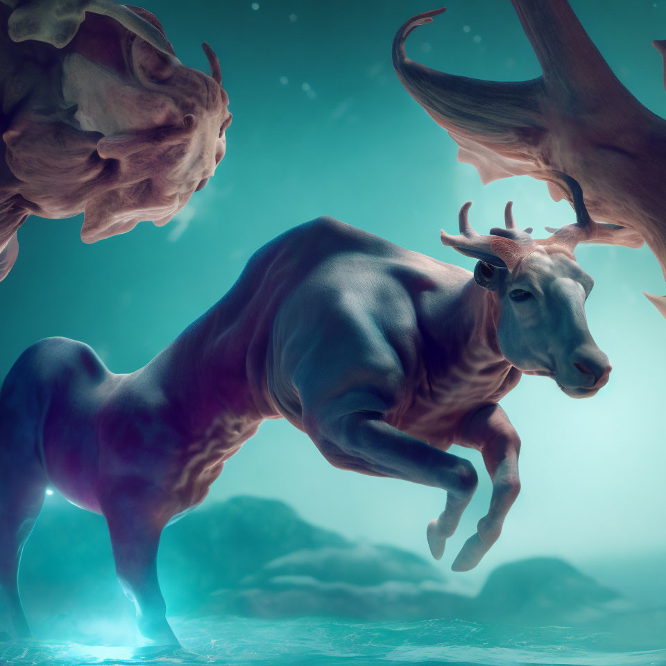 Muscular antlered bovine creature in mid-leap against mystical blue backdrop