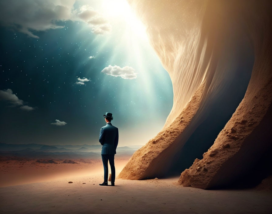 Person in suit and hat between towering sand dunes under starry sky with bright light