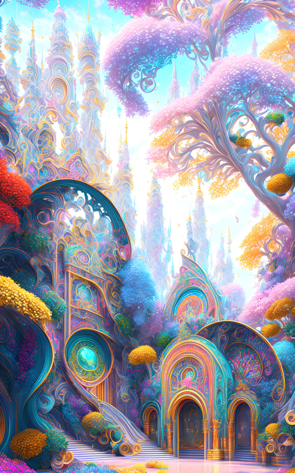 Colorful Fantasy Landscape with Intricate Trees and Whimsical Architecture