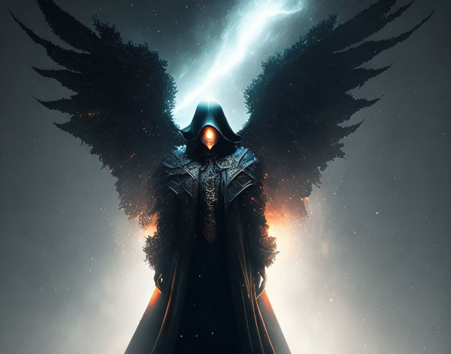 Mysterious Figure with Glowing Eyes and Dark Wings under Cosmic Sky