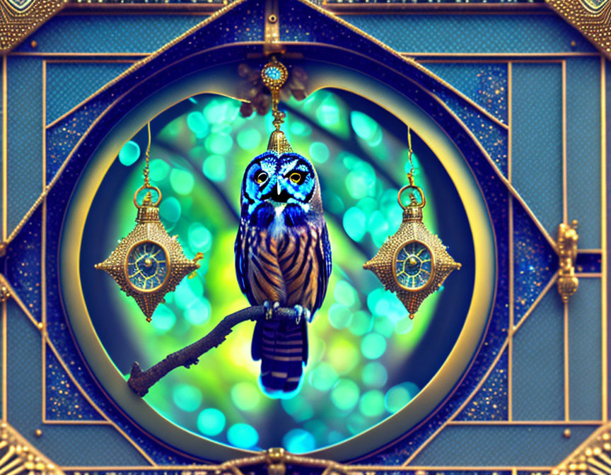 Blue owl perched on branch against teal background with lanterns and circular frame