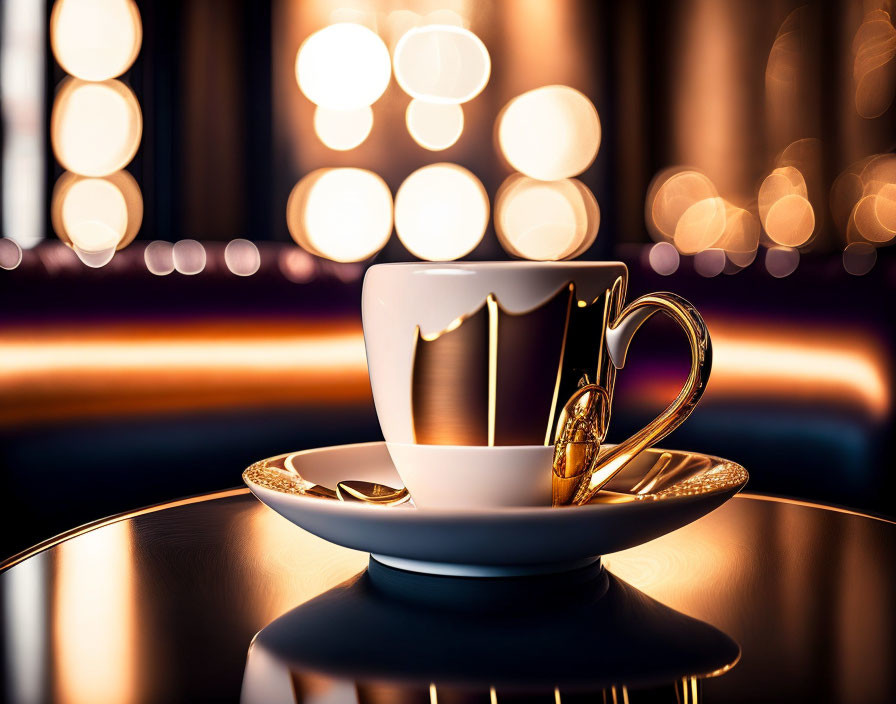 White and Gold Porcelain Cup with Saucer on Reflective Table