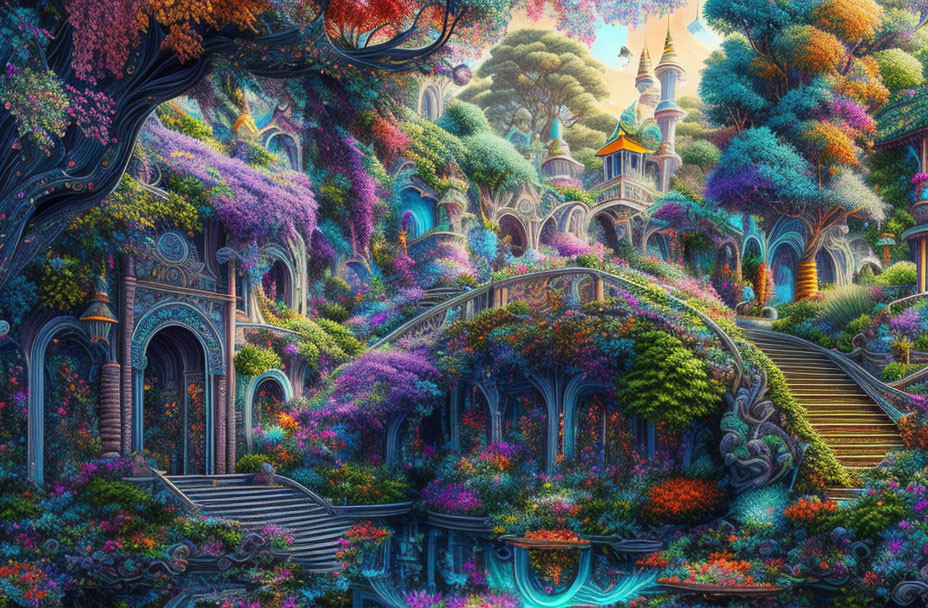 Colorful Fantasy Garden with Ornate Bridge and Whimsical Architecture