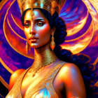 Ornate golden headdress woman with intense blue eyes on vivid backdrop