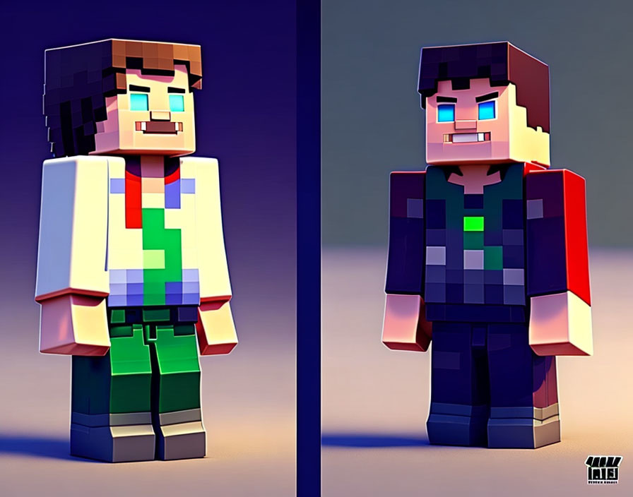 Stylized 3D-rendered Minecraft-inspired figures in green and red outfits