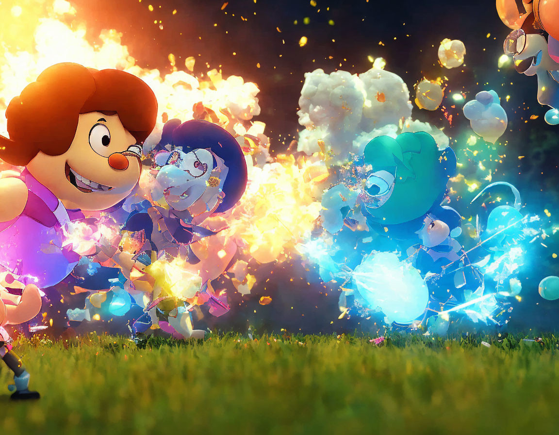 Children playing with sparklers at night surrounded by glowing bubbles and colorful lights