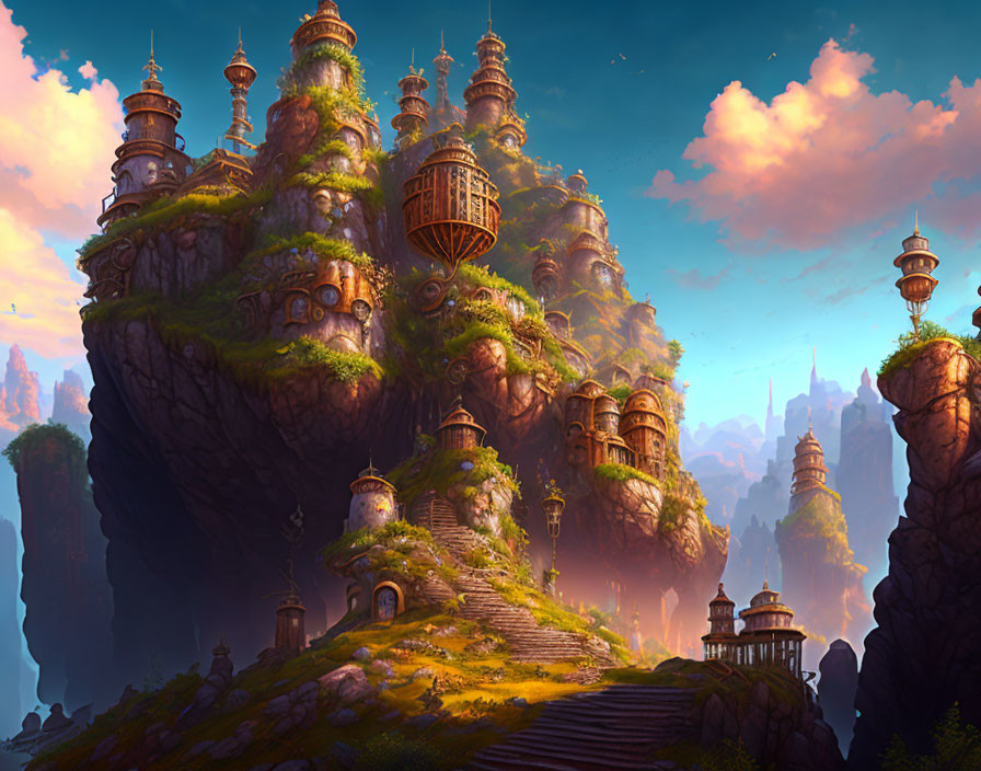 Fantastical landscape with towering spires on green floating islands.