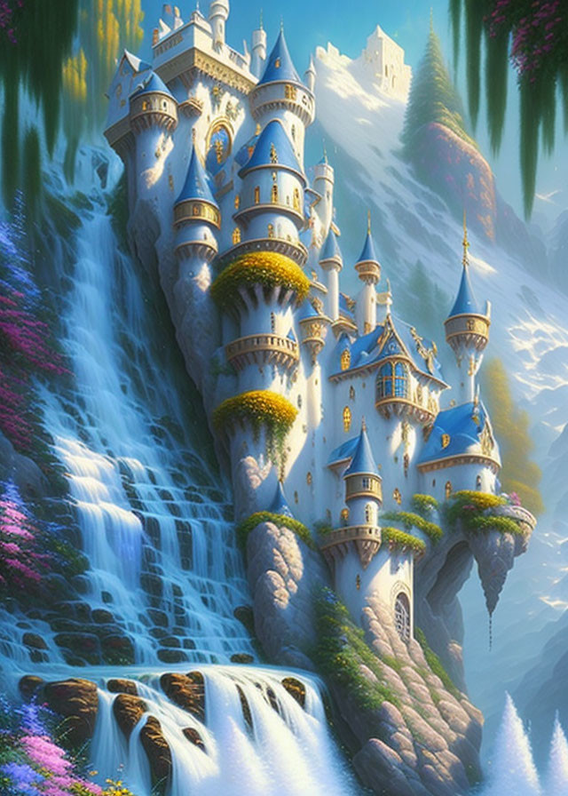 Fantasy castle with soaring towers on cliff with waterfalls and lush greenery