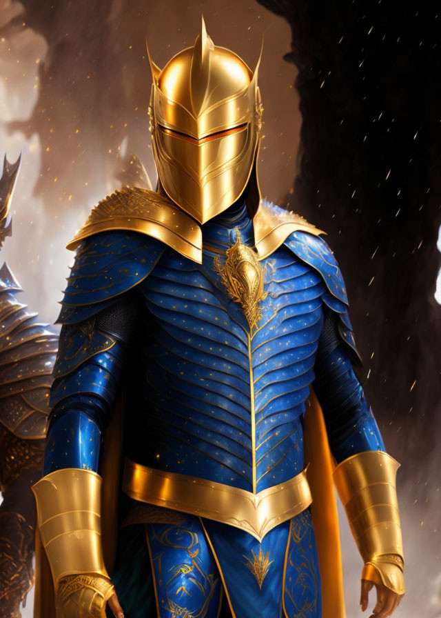 Armored knight with gold helmet and blue suit on dark backdrop