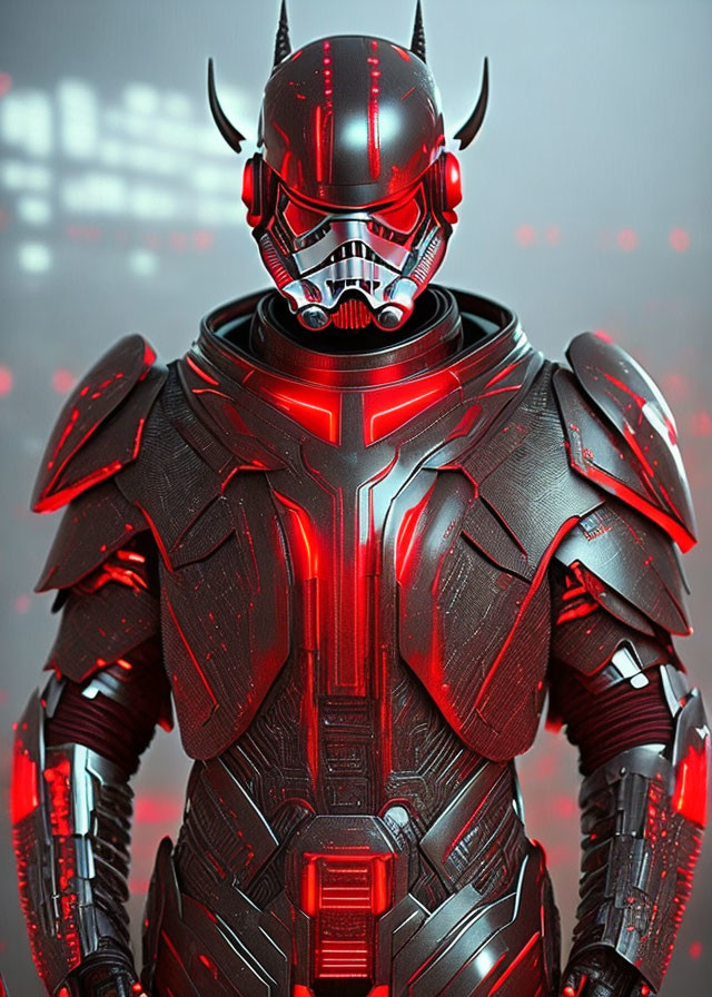 Detailed Red and Black Futuristic Warrior in Glowing Armor