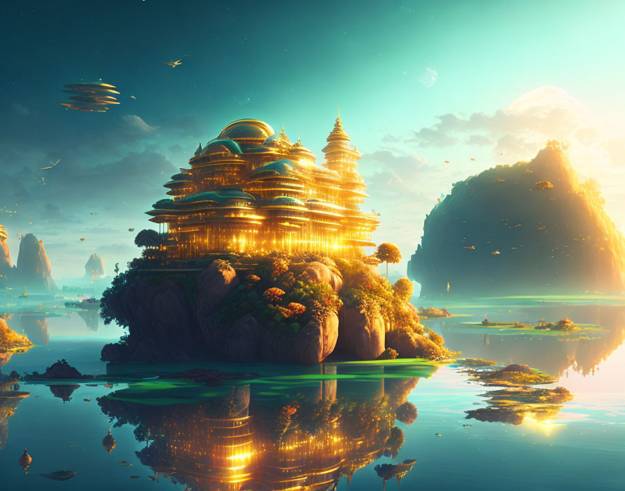 Golden city on rocky island with floating ships in serene landscape