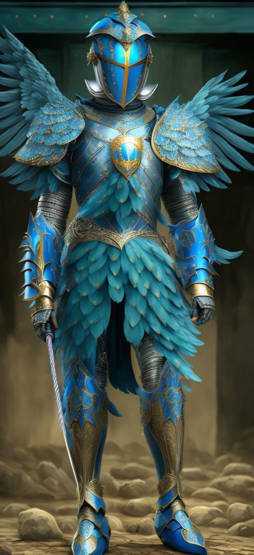 Ornate knight in blue and gold armor with feather details and sword