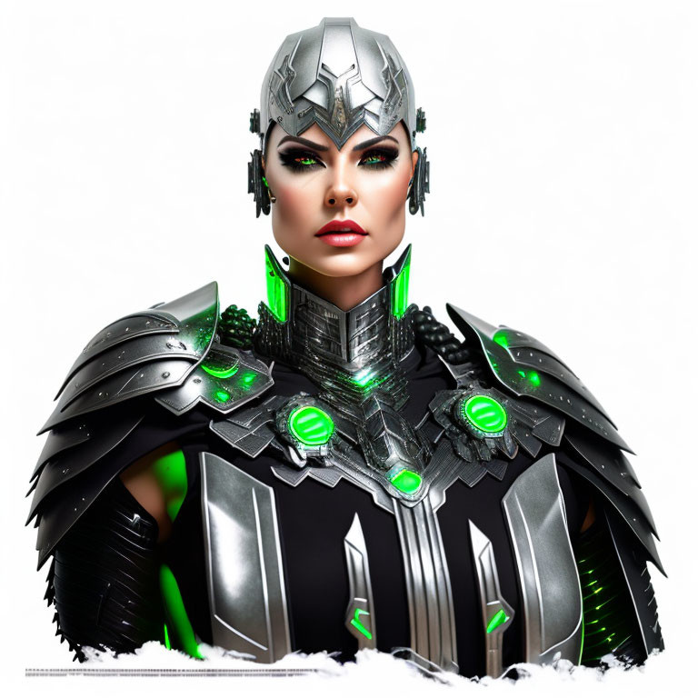 Female cybernetic warrior in metallic armor suit with glowing green accents