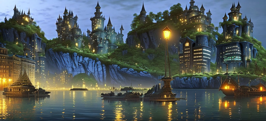 Fantasy cityscape at dusk with illuminated castles, waterfalls, boats, and modern gothic