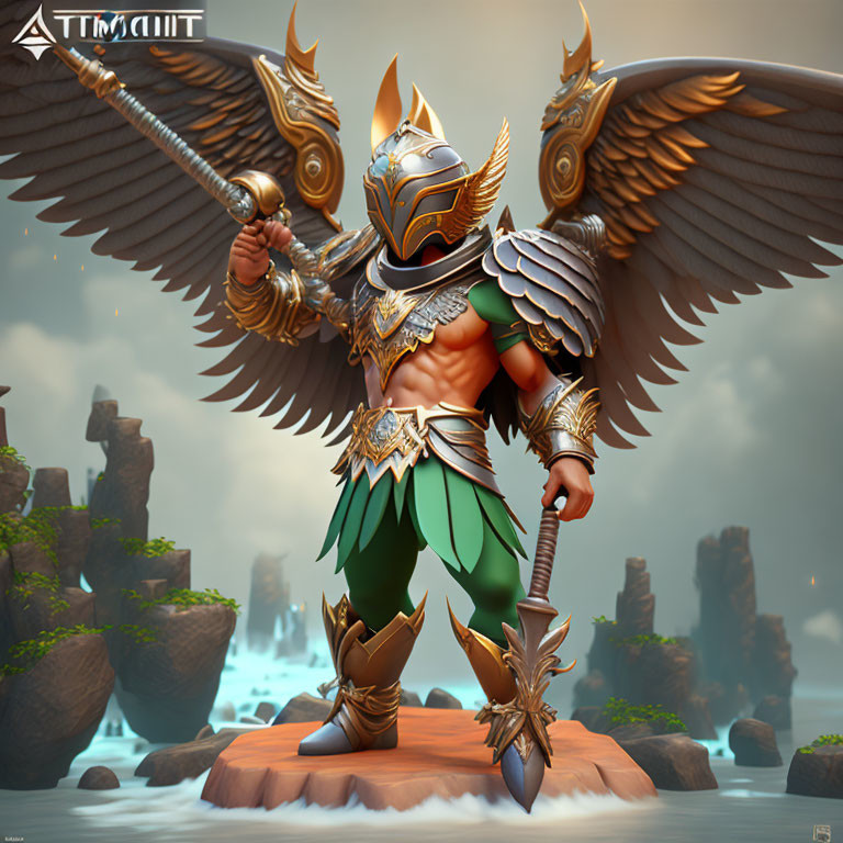 Fantasy digital artwork of armored warrior with wings, spear, sword, on rock in water.