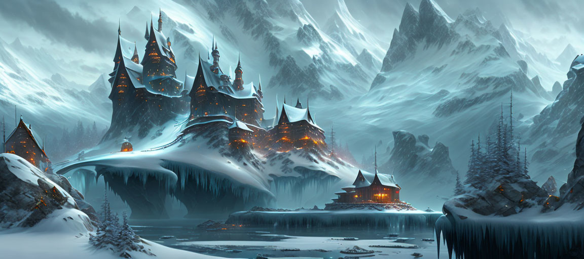 Snowy Mountain Fantasy Castle with Illuminated Windows and Frozen Lake at Twilight