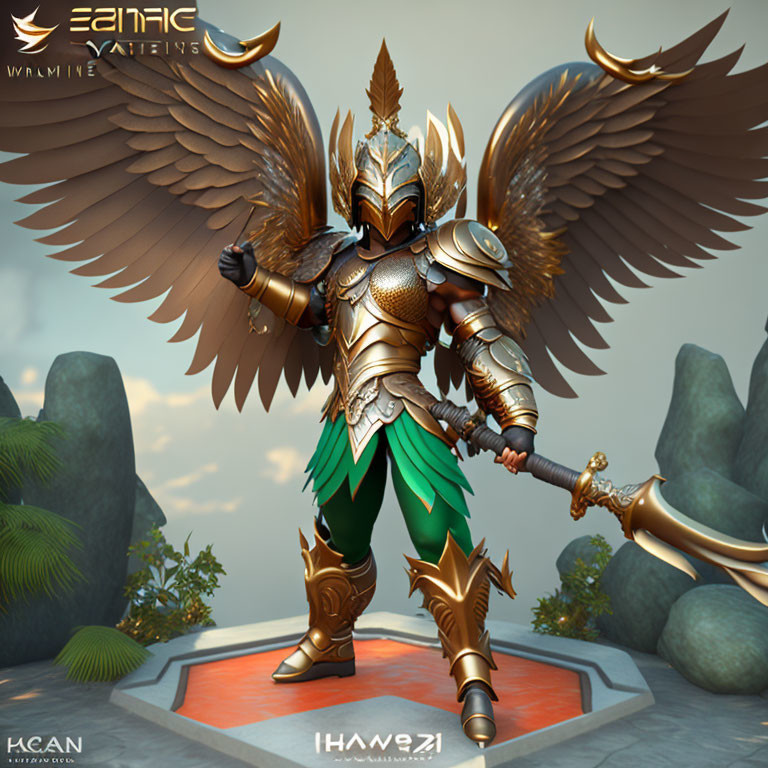 Armored character with wings and spear on emblem background