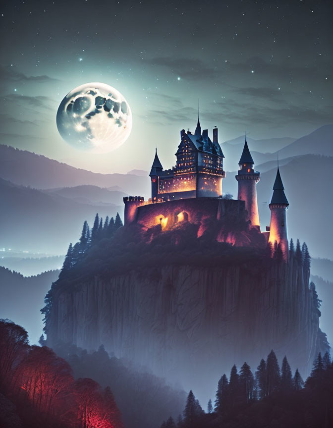 Mystical castle on high cliff under large moon