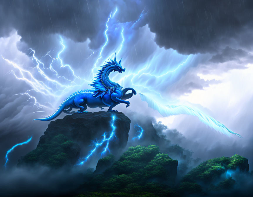 Blue dragon perched on craggy cliffs under stormy sky with lightning.