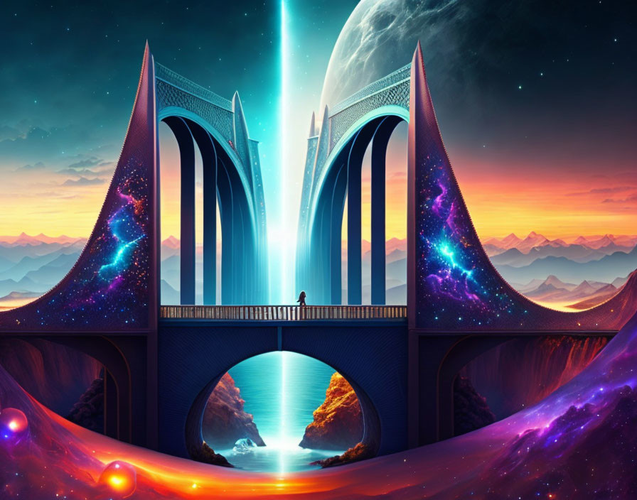 Surreal landscape with individual on ornate bridge, waterfall, cosmic elements, and large planet in