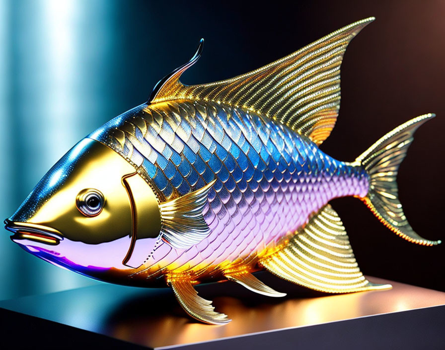 Colorful digital illustration of gold and blue stylized fish on dark background