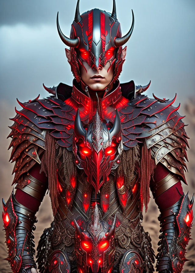 Elaborate Red and Black Armor with Horns and Glowing Eyes