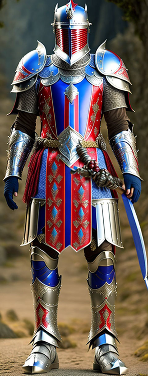 Knight in ornate armor with sword in forest setting, blue and red heraldic designs