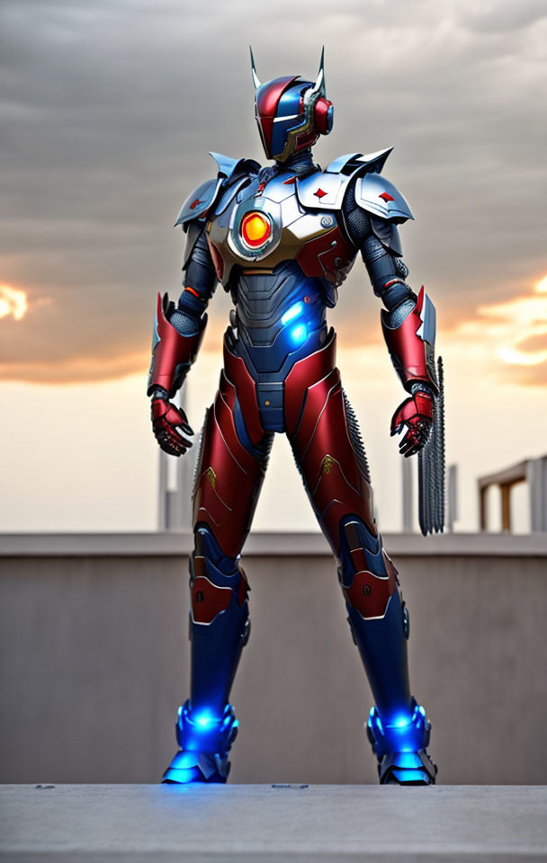 Detailed Robotic Warrior Figure in Red and Silver Armor Against Cloudy Sky