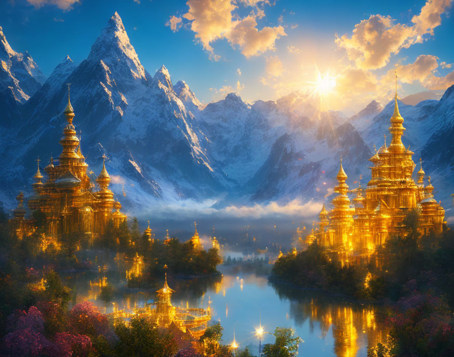 Autumn Trees and Golden Pagodas by Tranquil River