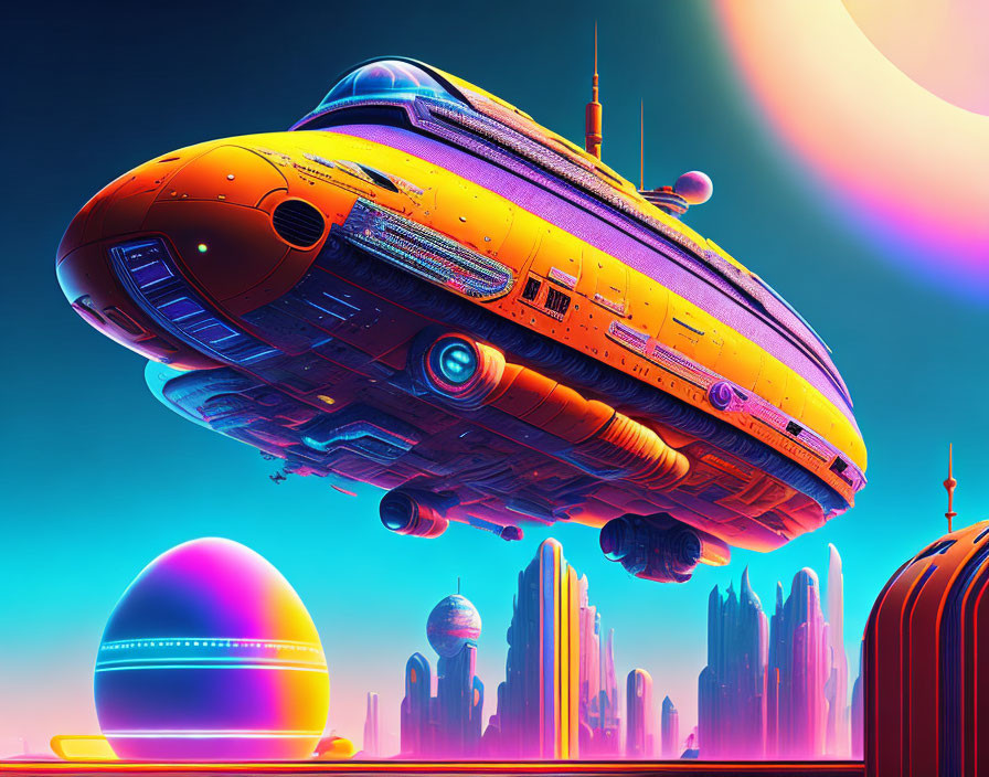 Futuristic spaceship flying over neon-lit city and alien moon