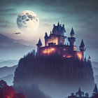 Mystical castle on high cliff under large moon